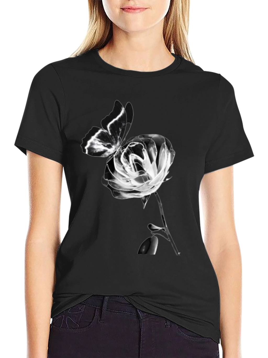 Butterfly & Rose Graphic Black T-Shirt