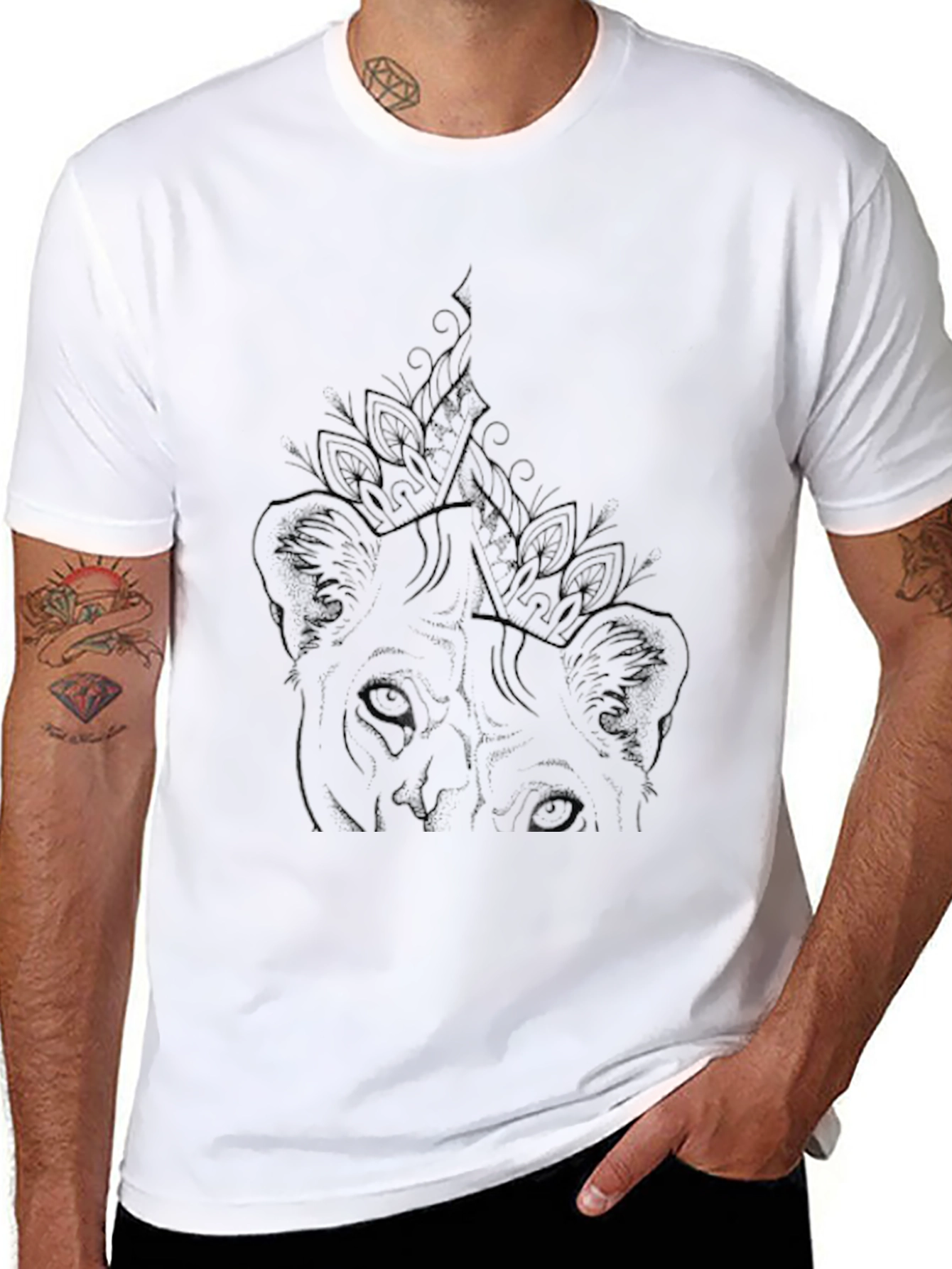 Mens Black Graphic Tee - Lion Art