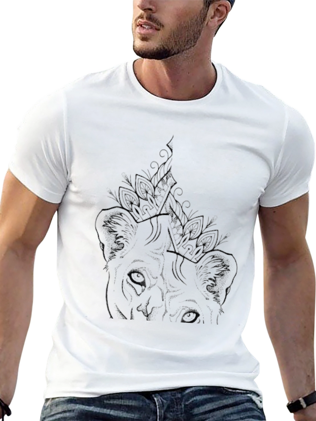 Mens Black Graphic Tee - Lion Art