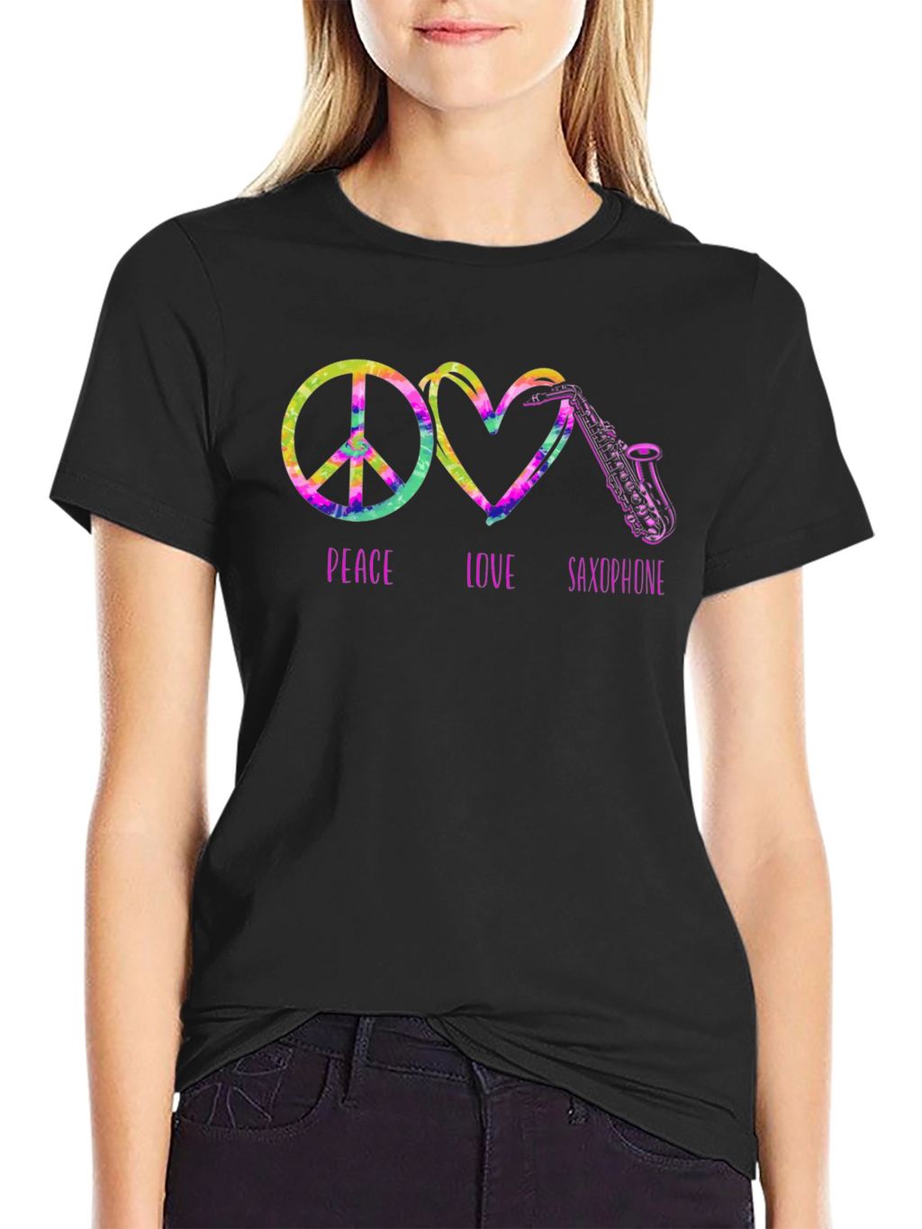 Peace Love Saxophone Tie Dye Graphic T-Shirt