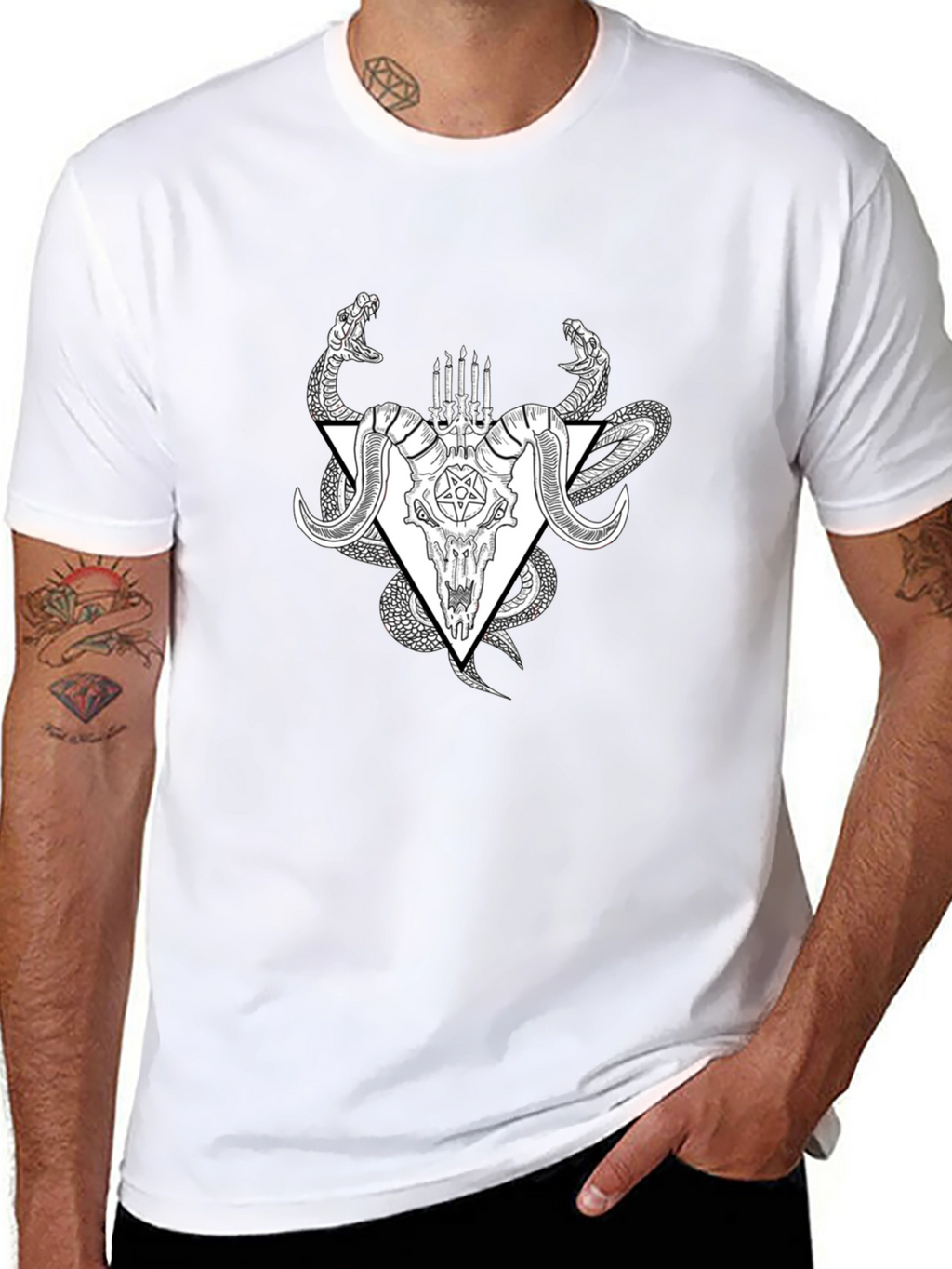 Occult Ram Skull Snake Black T-Shirt