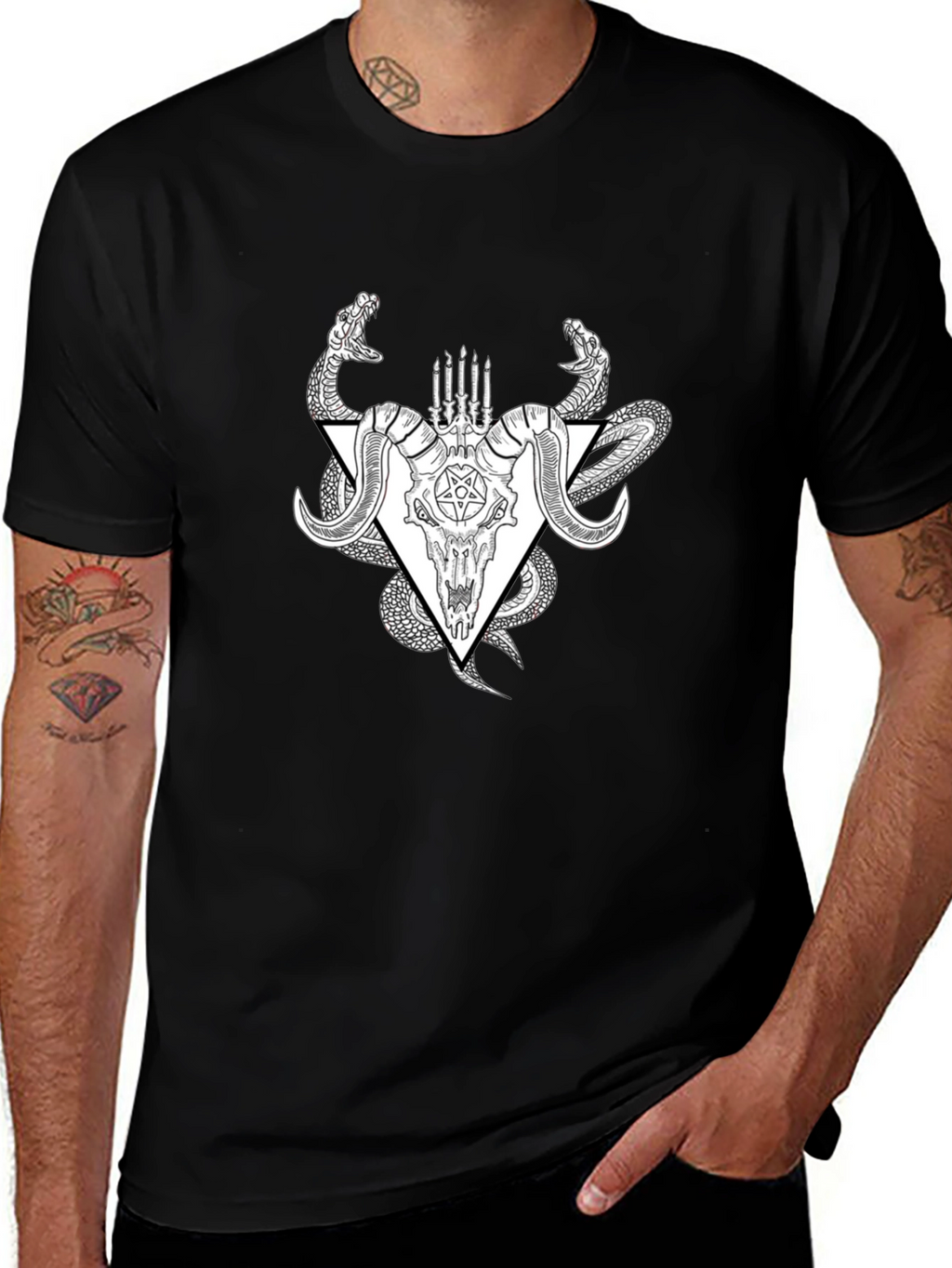 Occult Ram Skull Snake Black T-Shirt
