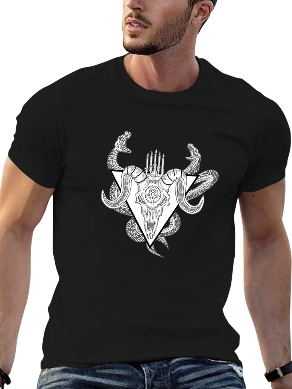 Occult Ram Skull Snake Black T-Shirt
