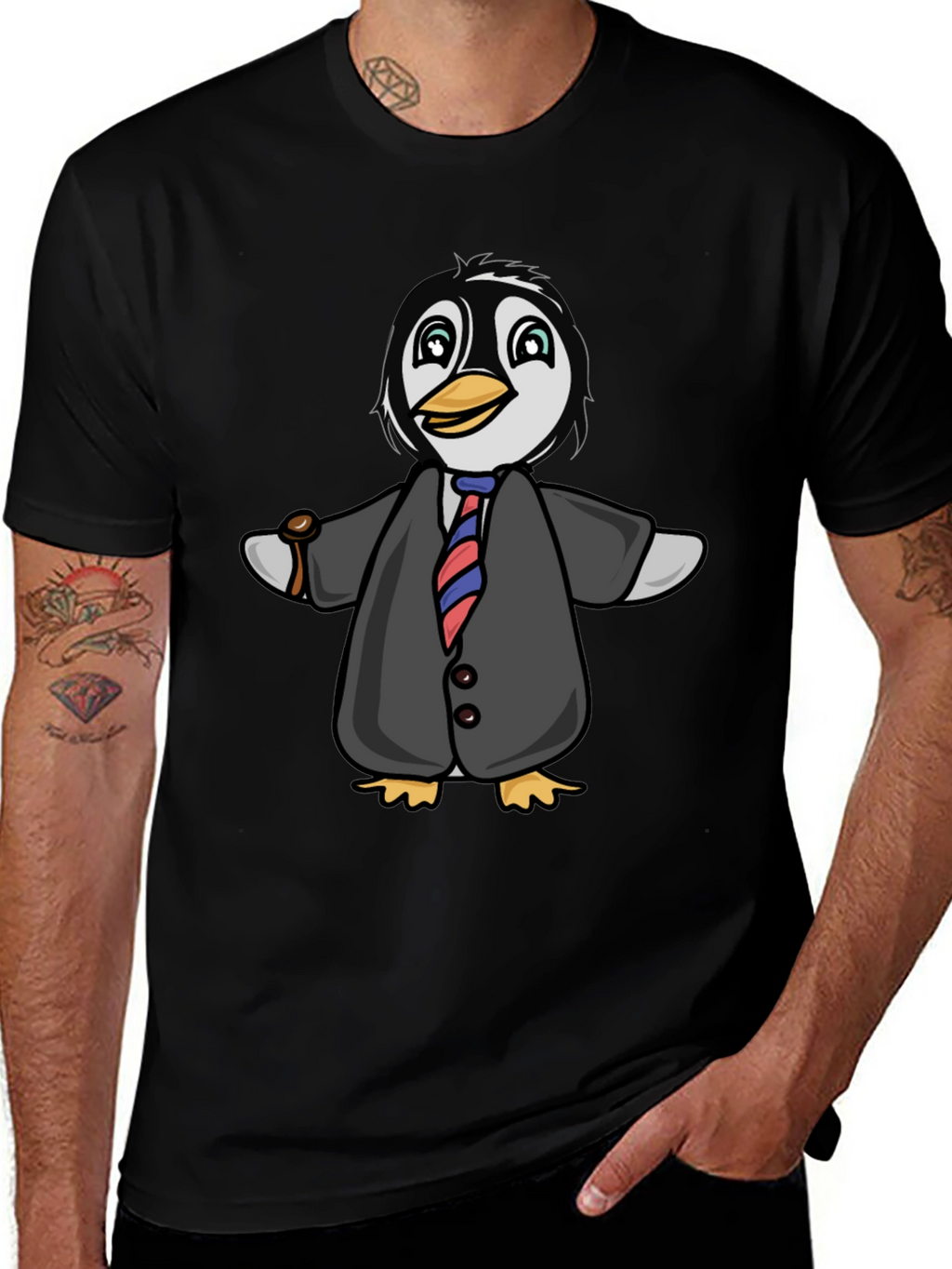 Penguin in Suit Graphic Tee - Black Cotton Blend