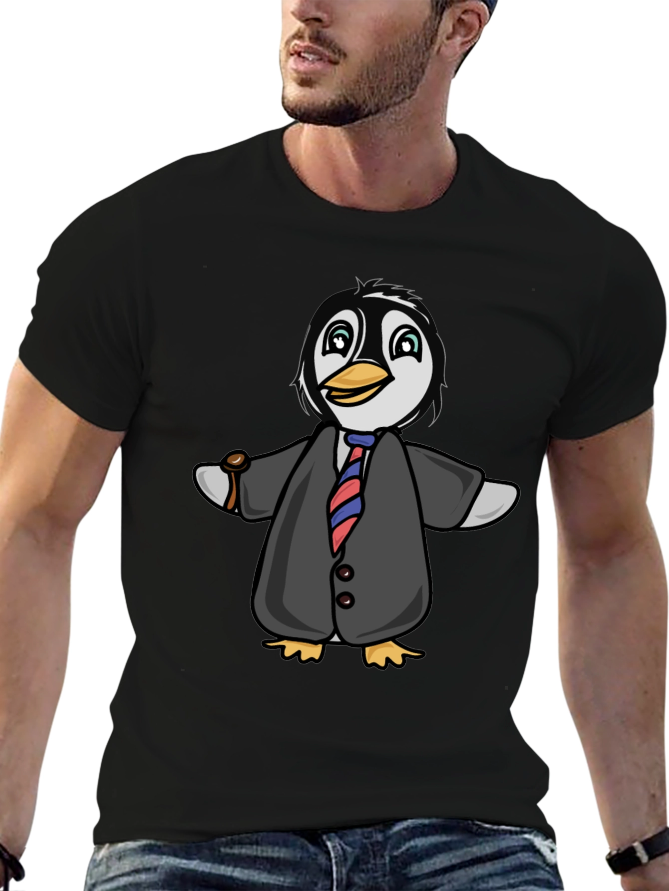 Penguin in Suit Graphic Tee - Black Cotton Blend