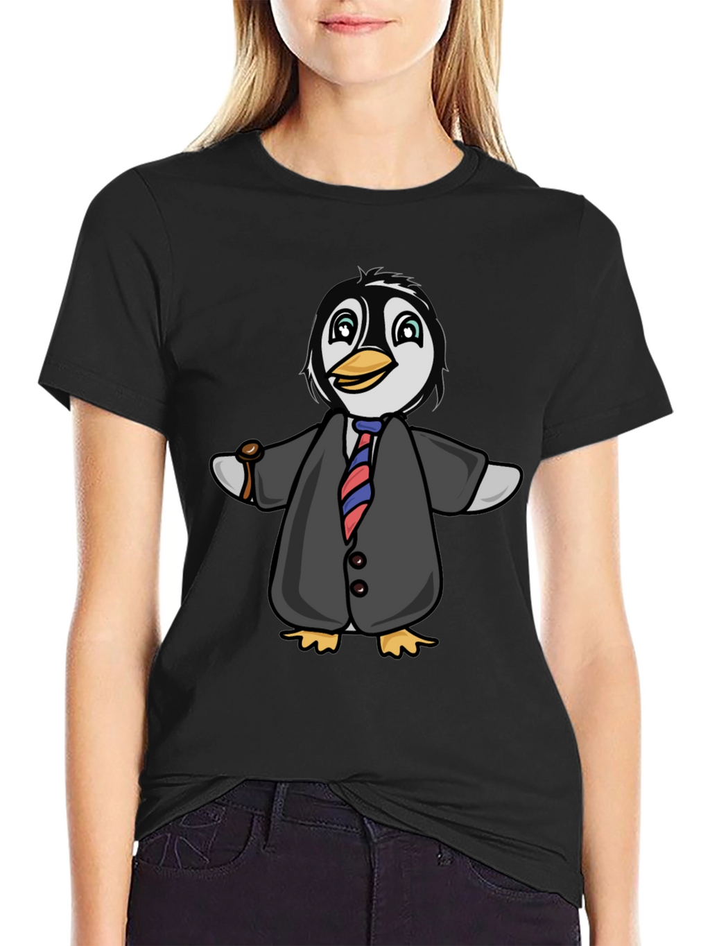 Penguin in Suit Graphic Tee - Black Cotton Blend