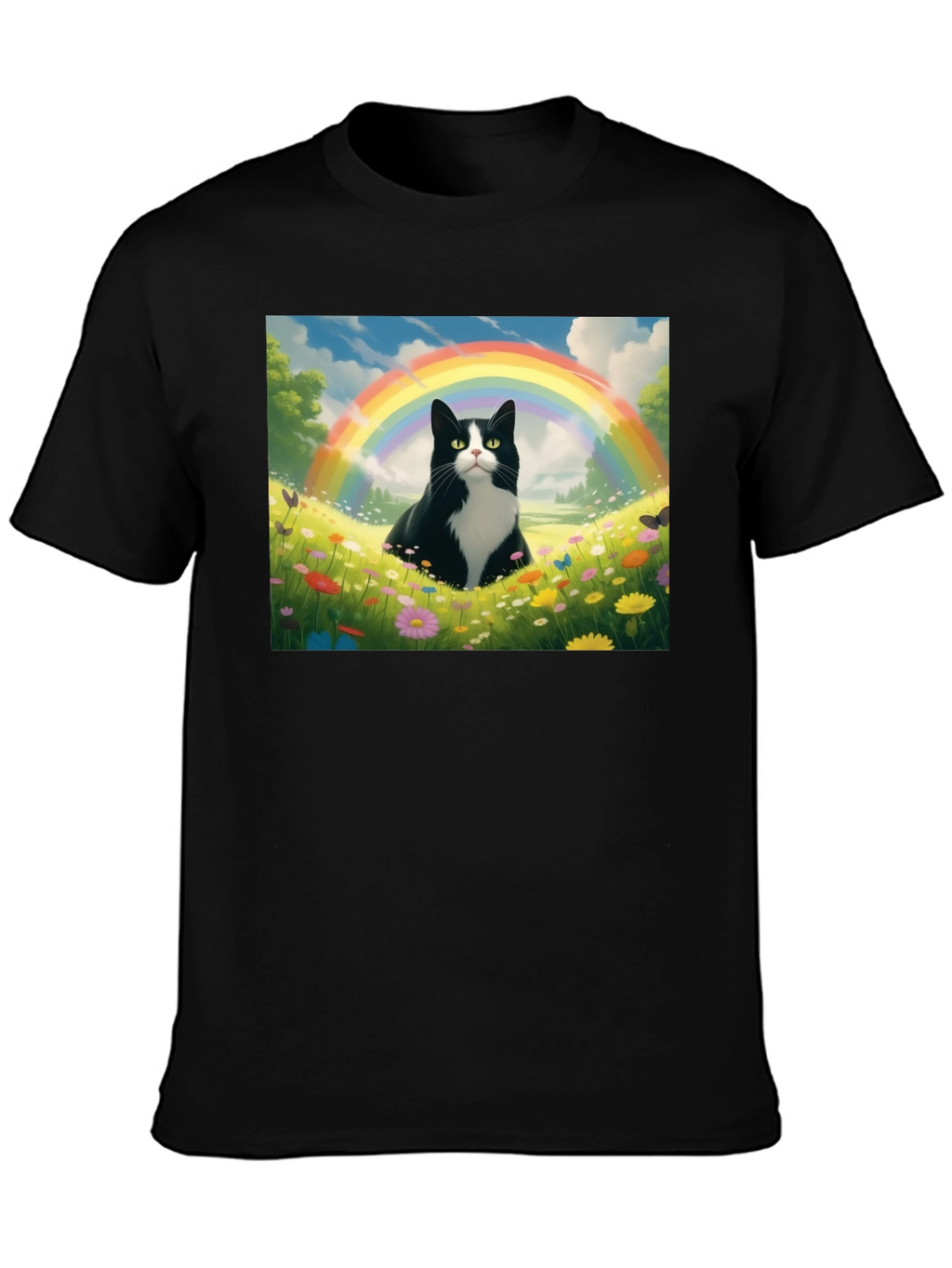 Rainbow Cat Graphic Tee - Soft Black Cotton T-Shirt