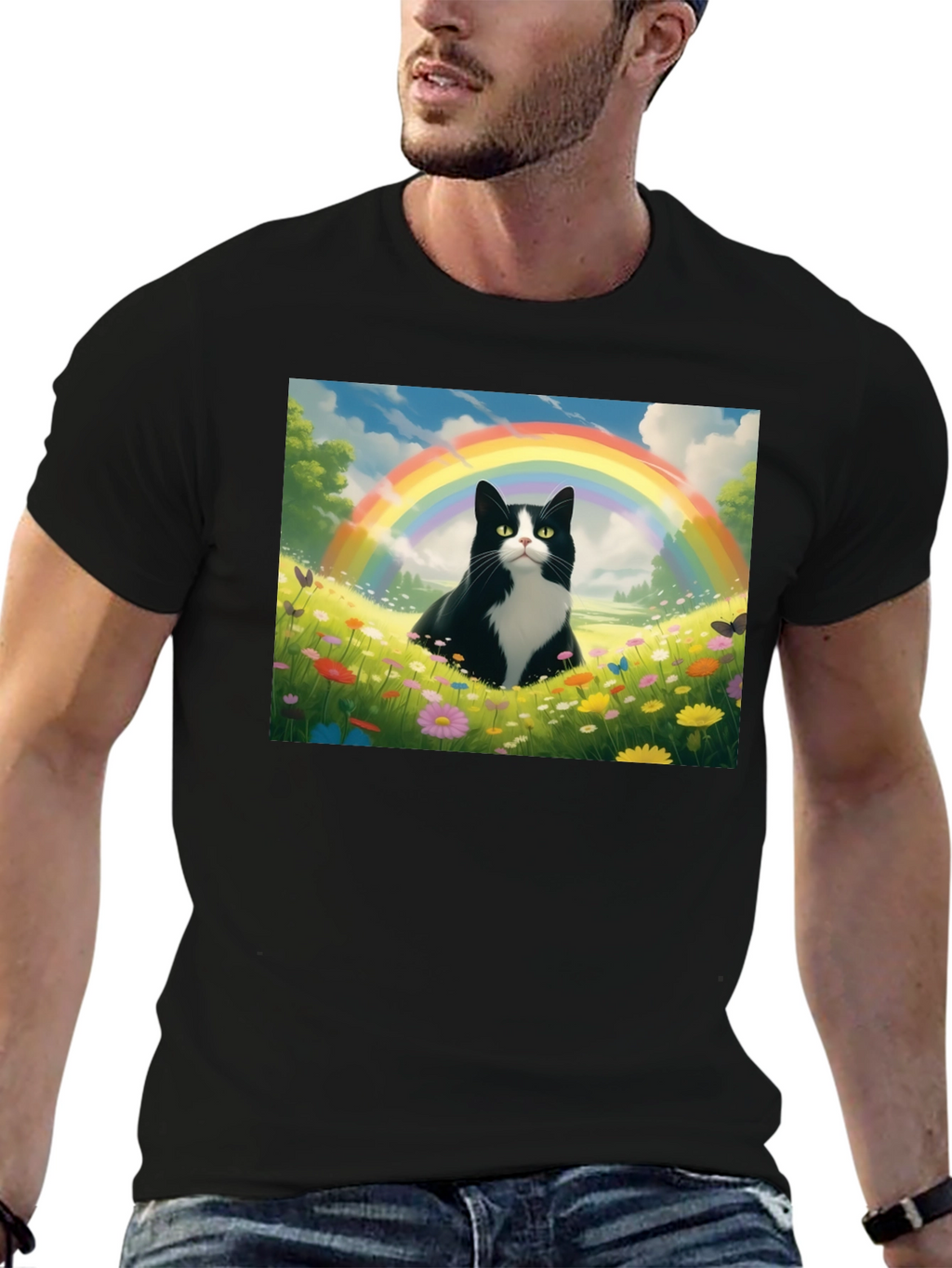 Rainbow Cat Graphic Tee - Soft Black Cotton T-Shirt