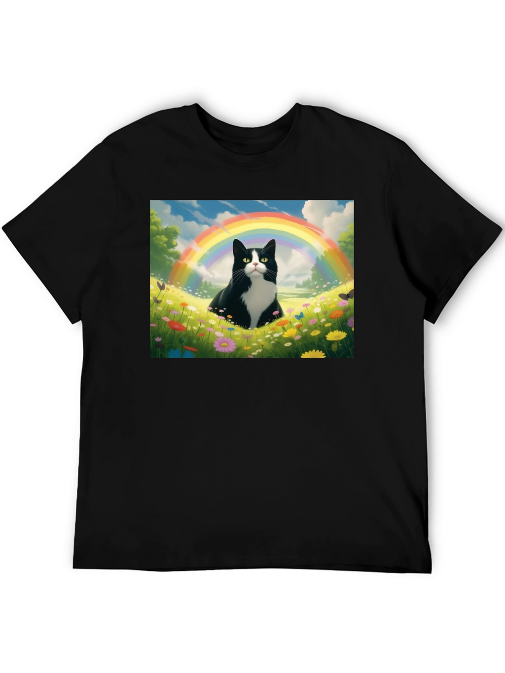 Rainbow Cat Graphic Tee - Soft Black Cotton T-Shirt