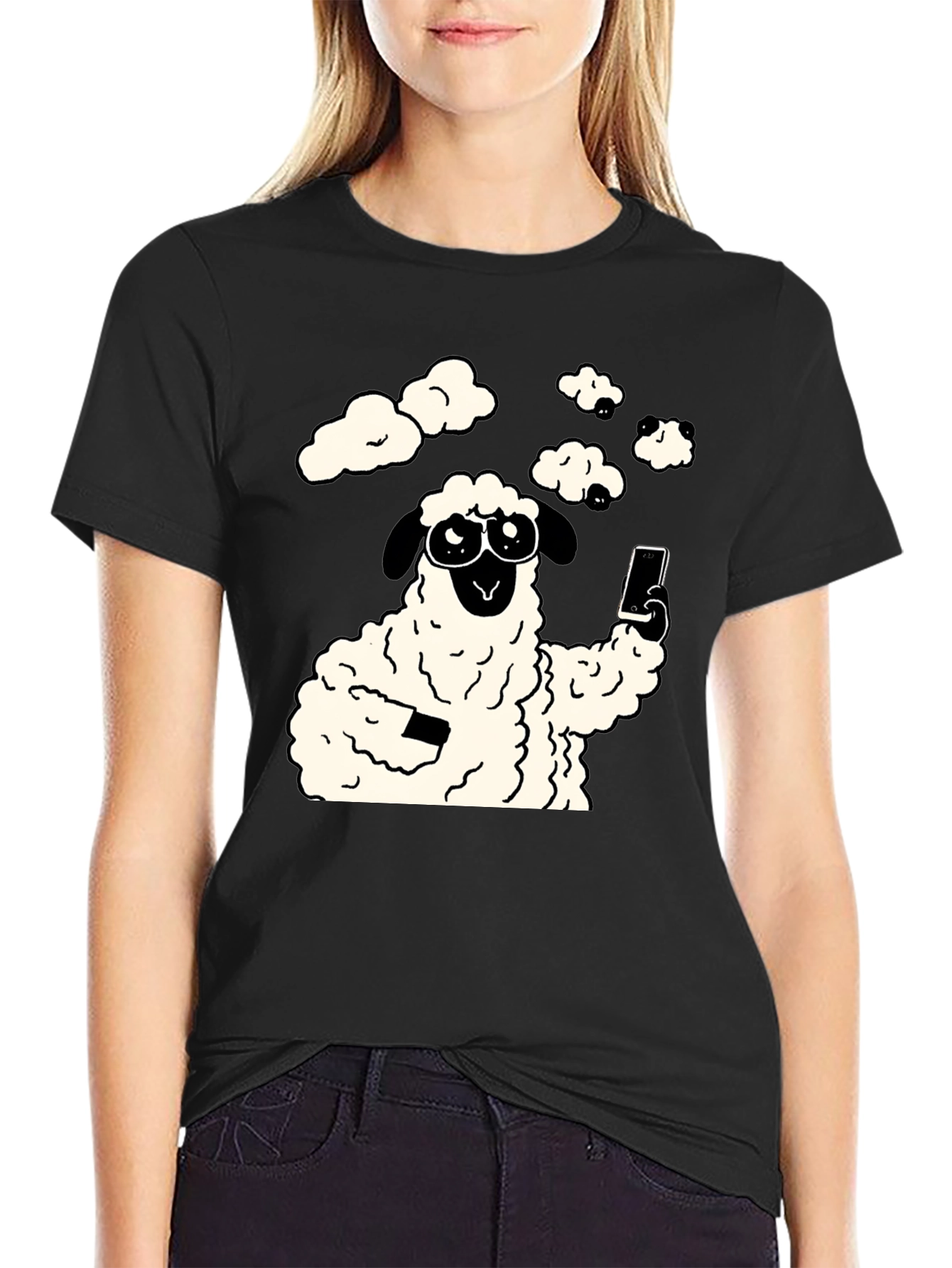 Funny Sheep Selfie Graphic Tee - Black