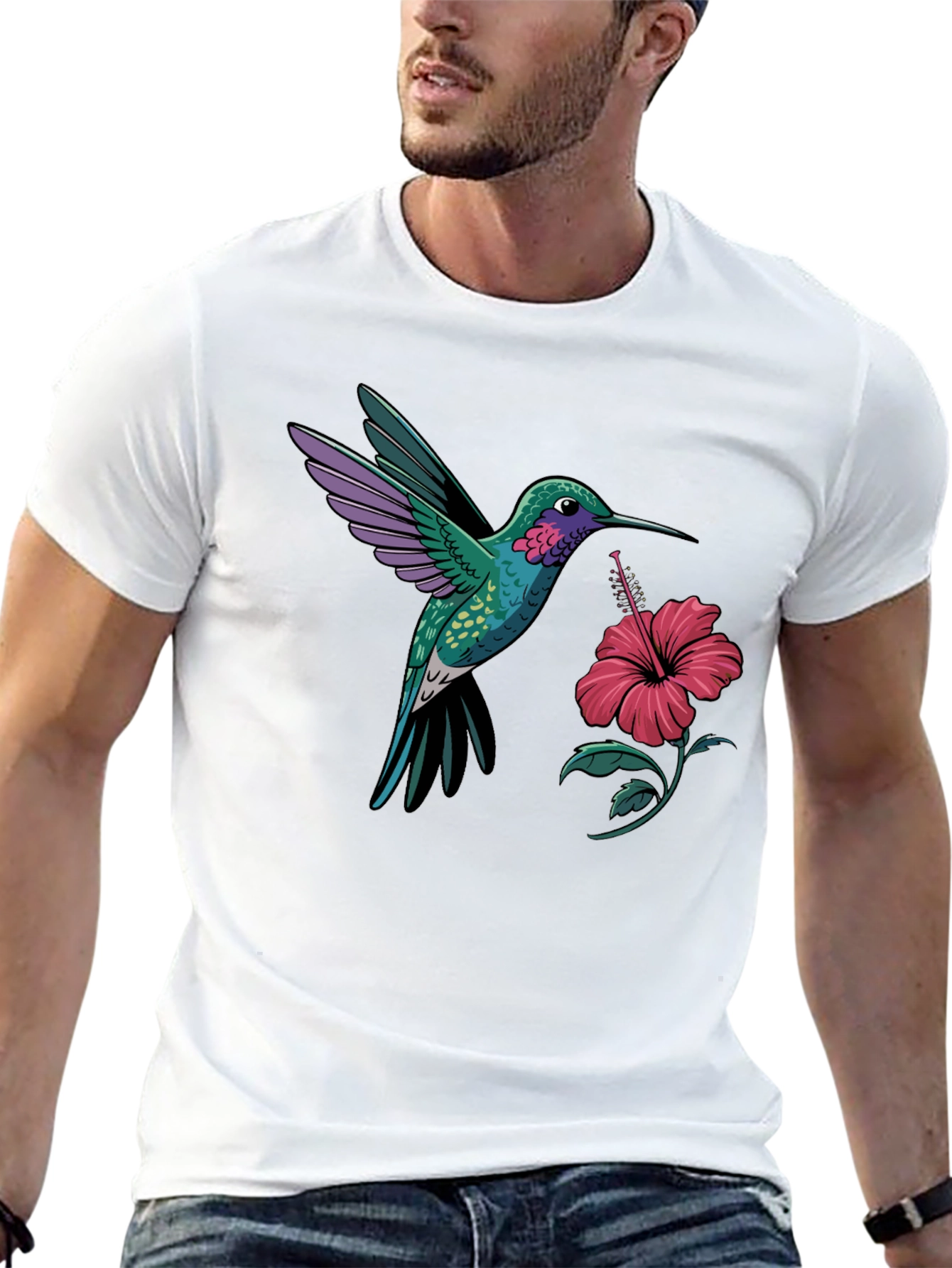 Hummingbird & Hibiscus Graphic T-Shirt - Black