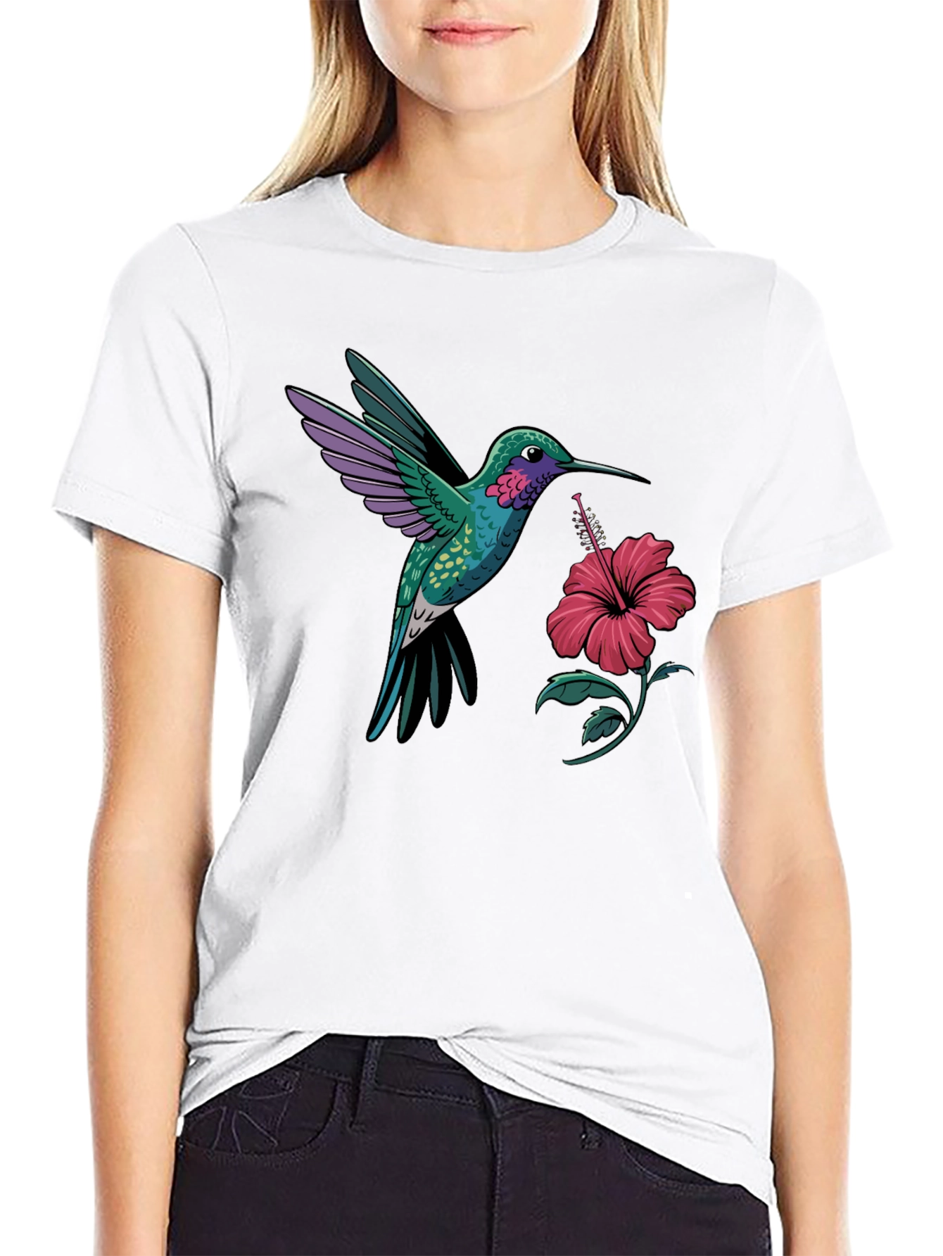 Hummingbird & Hibiscus Graphic T-Shirt - Black