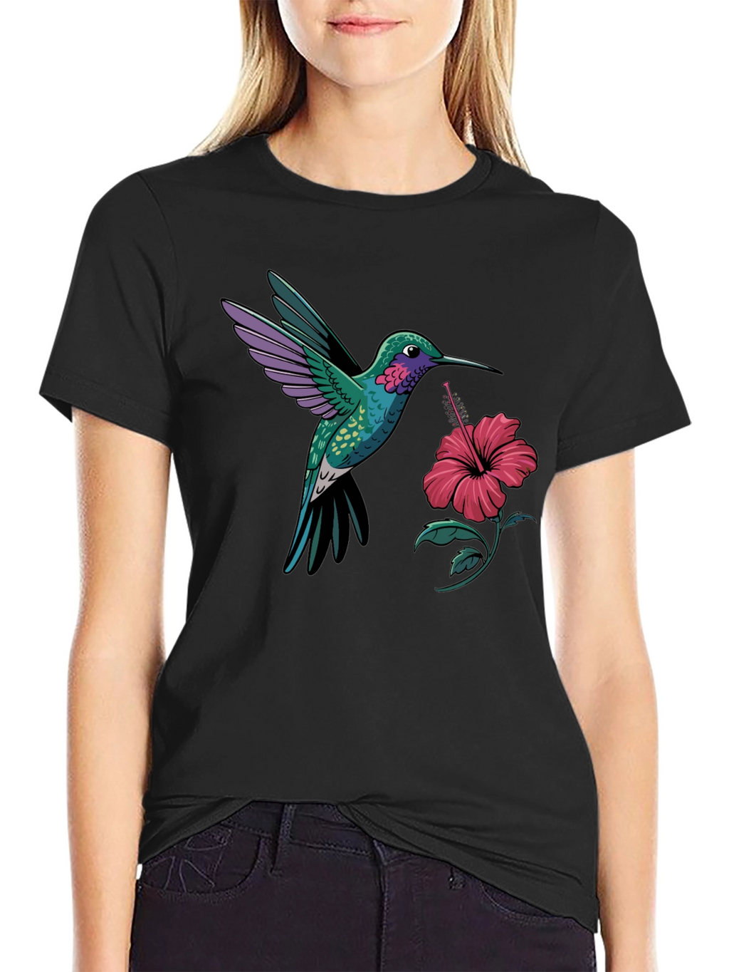 Hummingbird & Hibiscus Graphic T-Shirt - Black