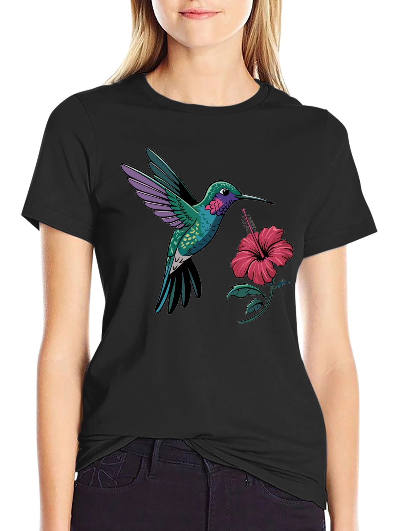 Hummingbird & Hibiscus Graphic T-Shirt - Black