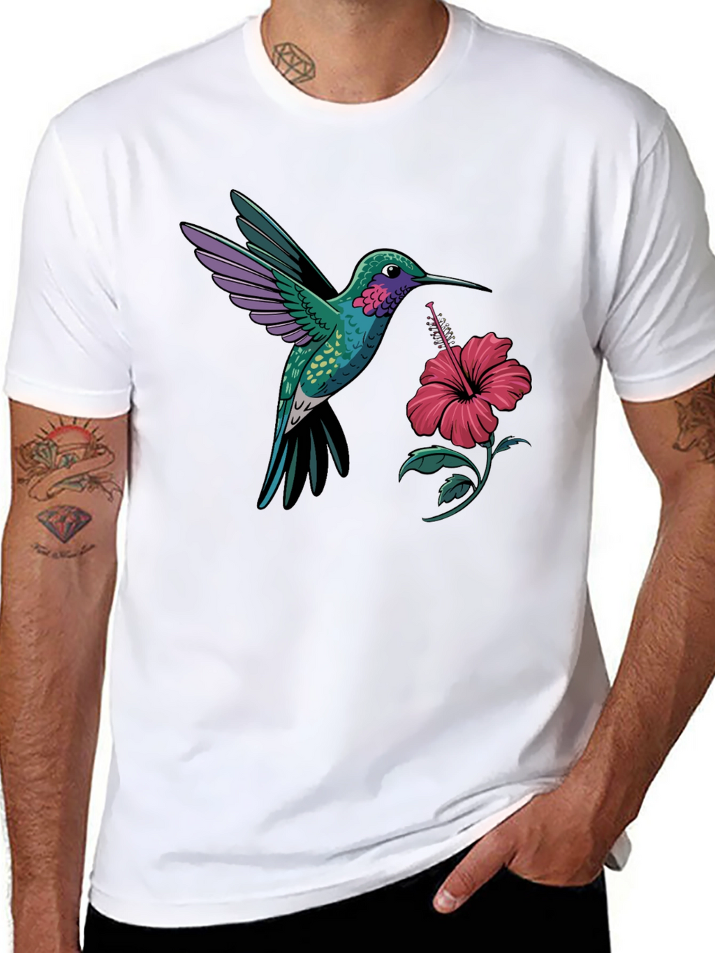 Hummingbird & Hibiscus Graphic T-Shirt - Black