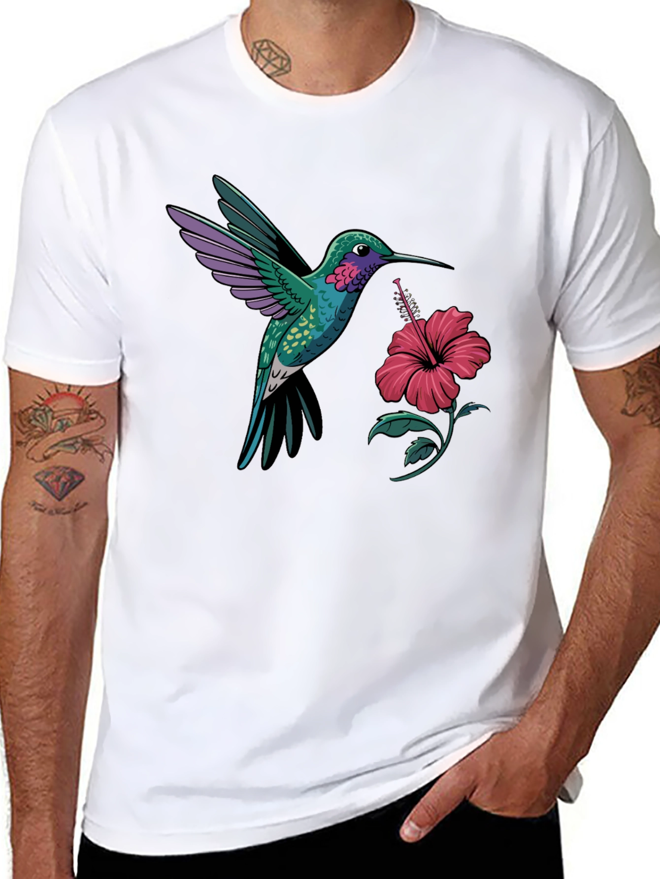 Hummingbird & Hibiscus Graphic T-Shirt - Black
