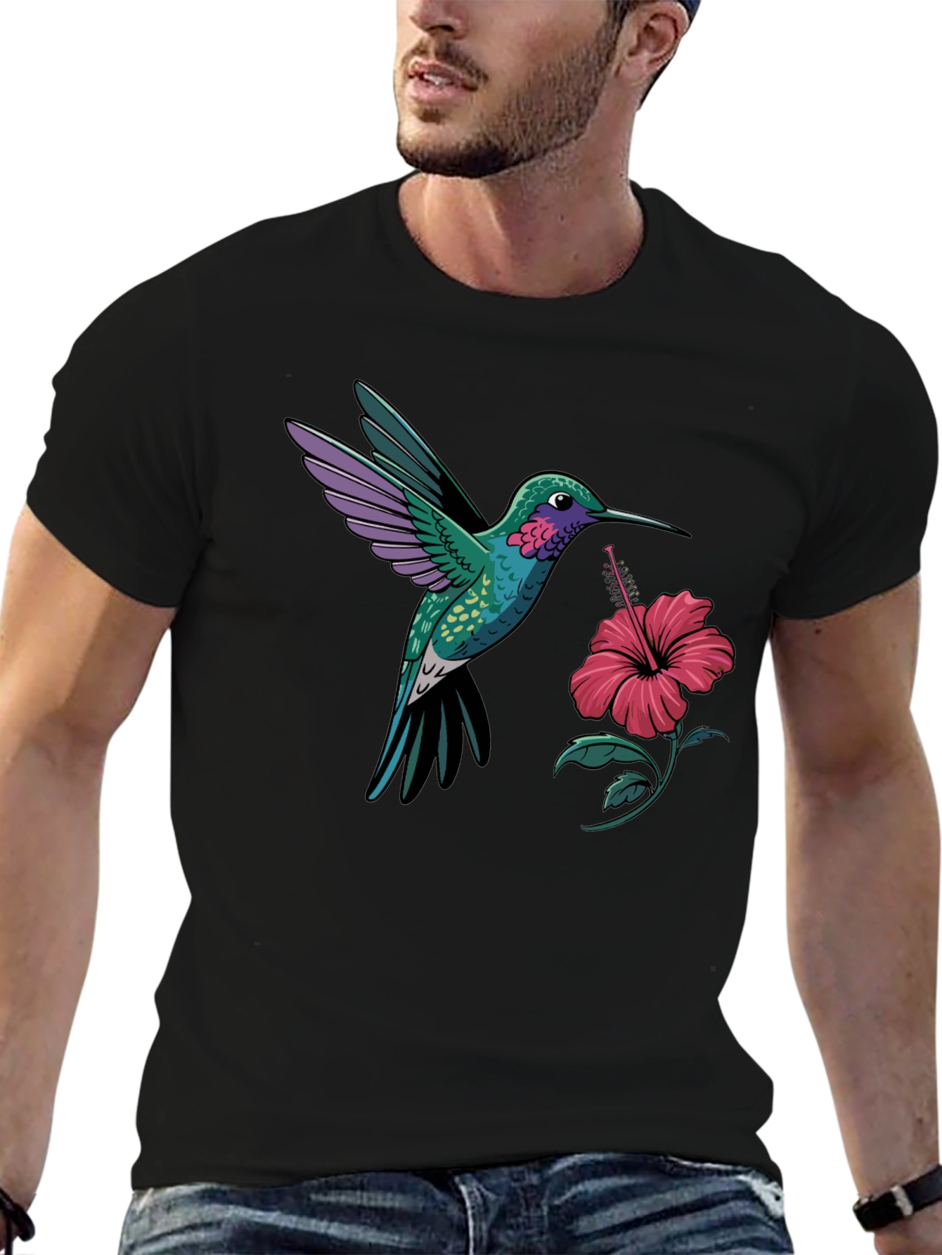 Hummingbird & Hibiscus Graphic T-Shirt - Black