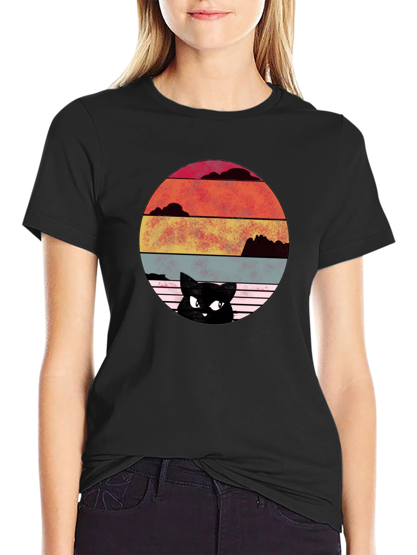 Retro Cat Sunset Graphic T-Shirt