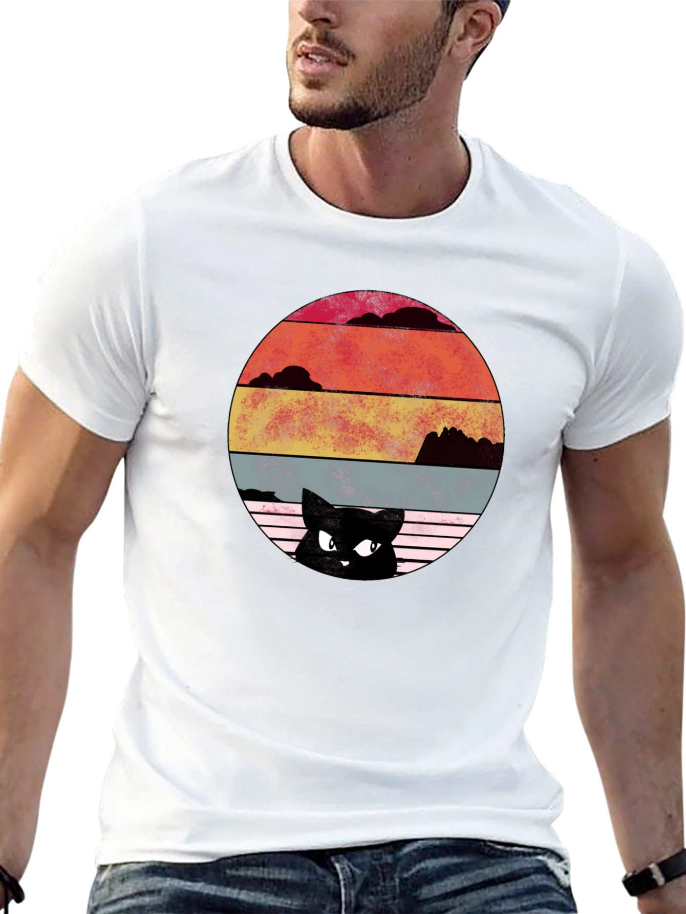 Retro Cat Sunset Graphic T-Shirt