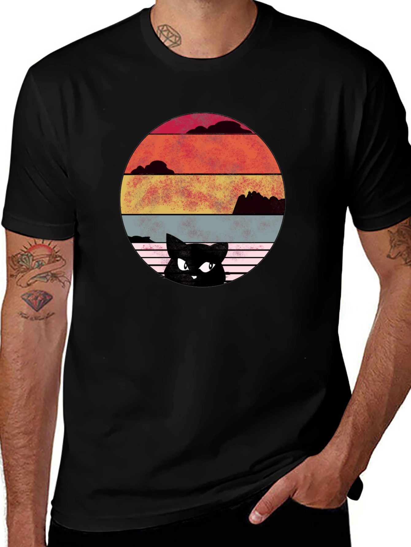 Retro Cat Sunset Graphic T-Shirt