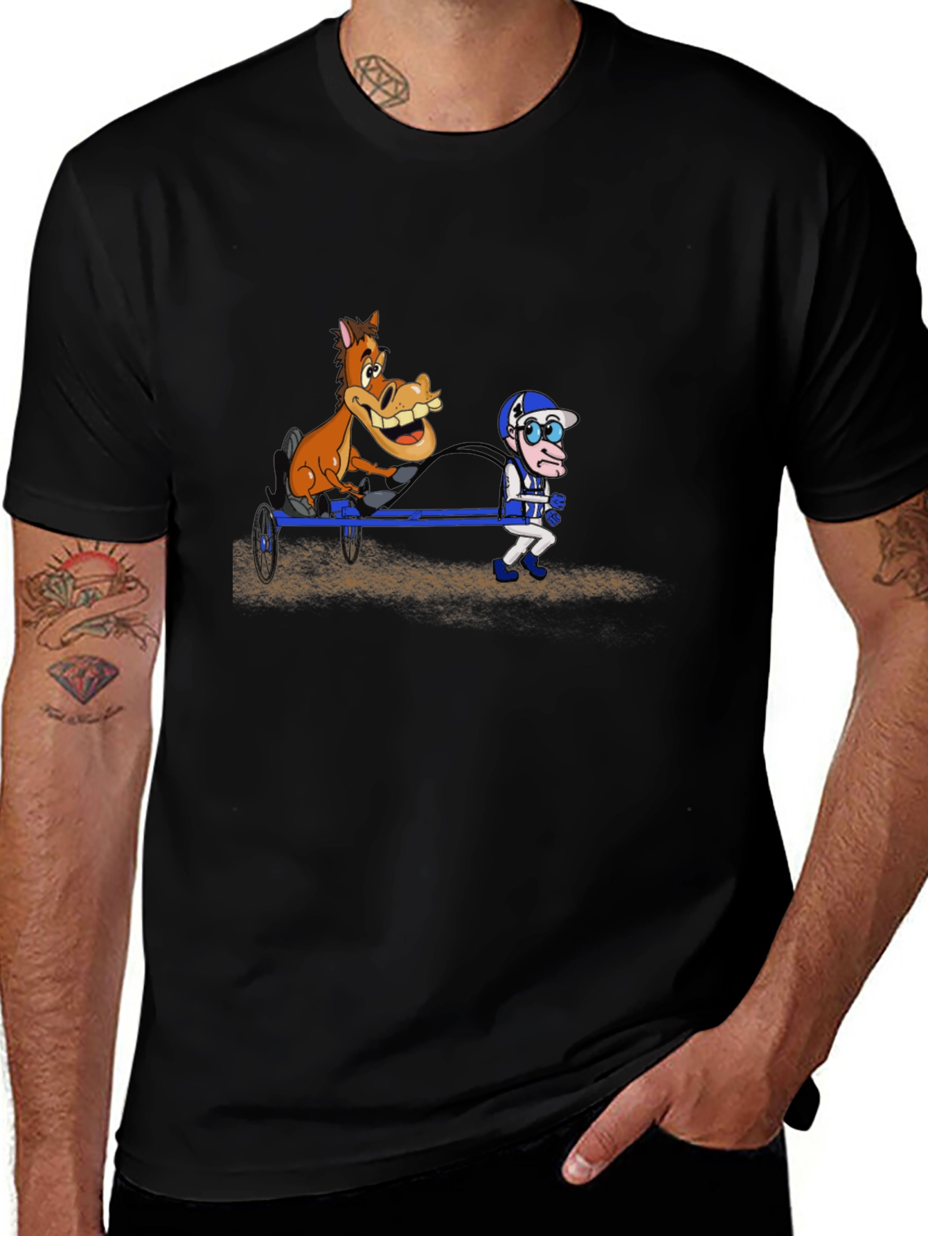 Cartoon Horse & Jockey Black T-Shirt