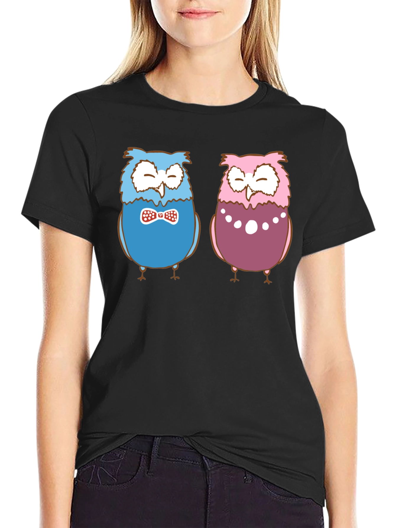 Owl Couple Graphic Black T-Shirt