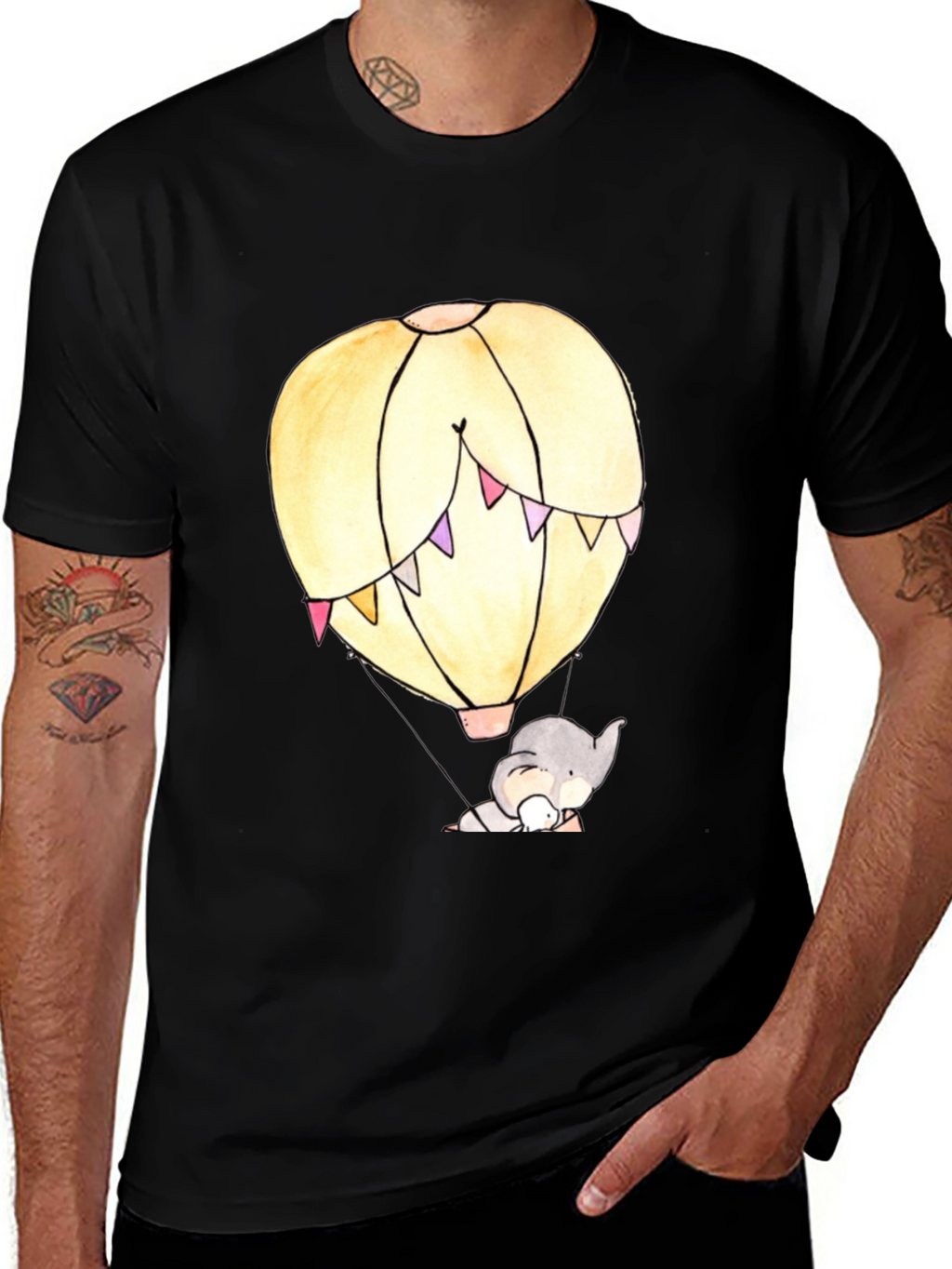 Elephant Hot Air Balloon Graphic Tee - Black