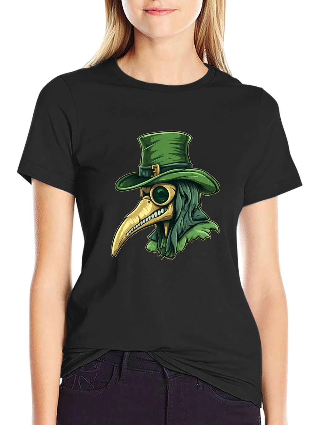 Plague Doctor Leprechaun Graphic Tee - Black Cotton