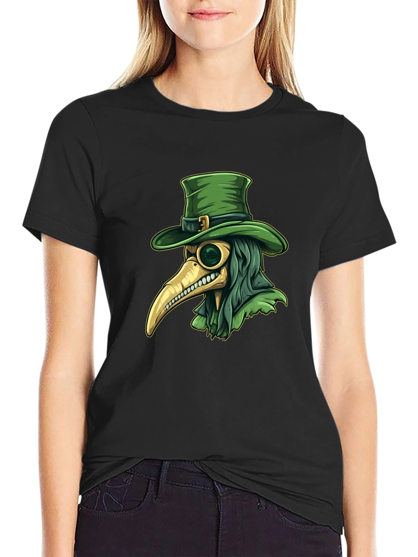 Plague Doctor Leprechaun Graphic Tee - Black Cotton