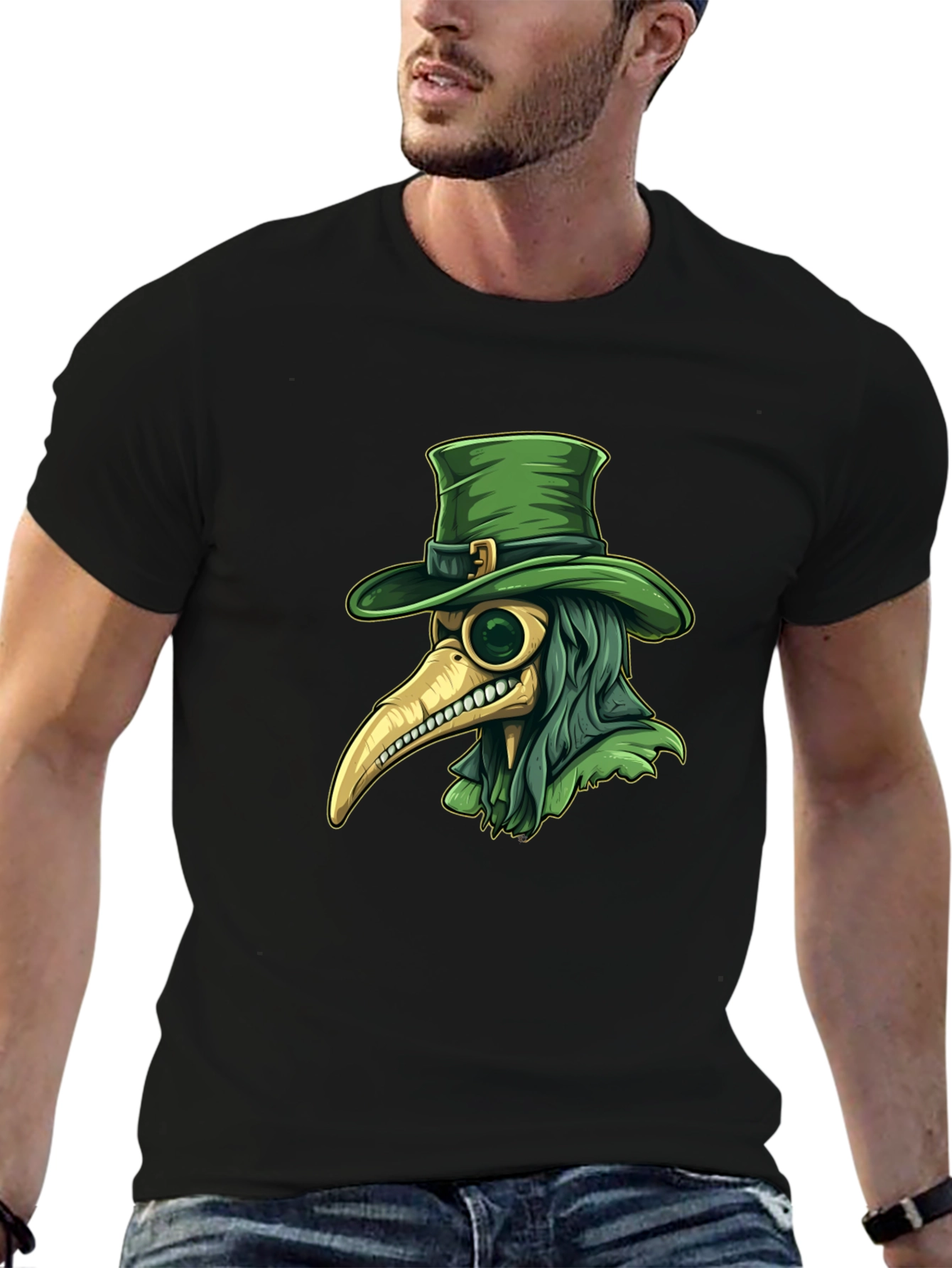 Plague Doctor Leprechaun Graphic Tee - Black Cotton