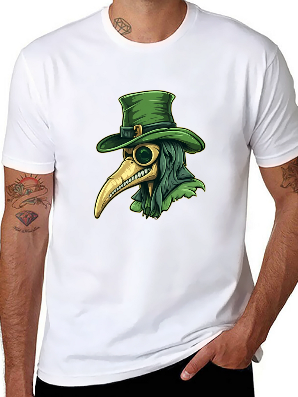 Plague Doctor Leprechaun Graphic Tee - Black Cotton