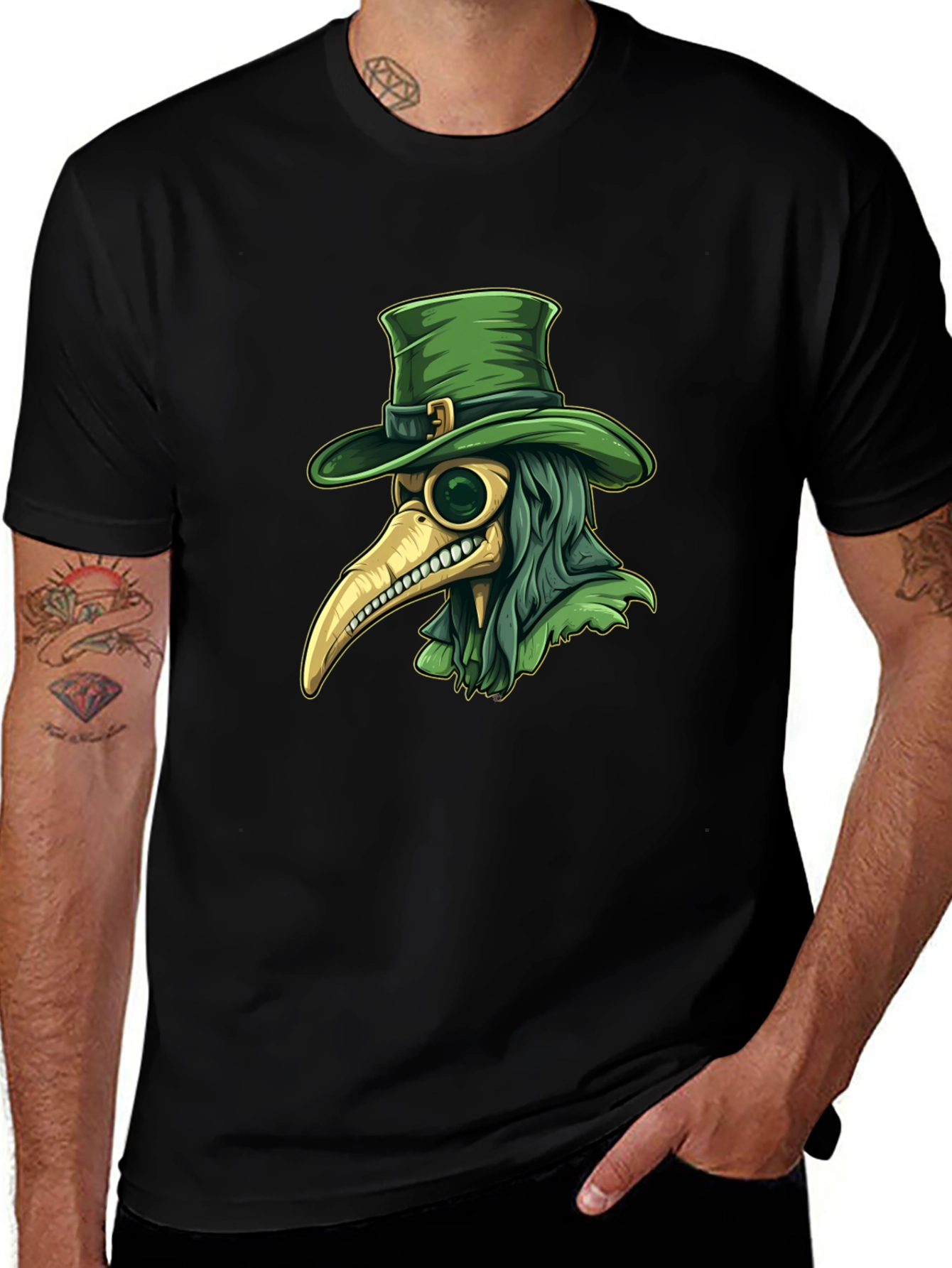 Plague Doctor Leprechaun Graphic Tee - Black Cotton