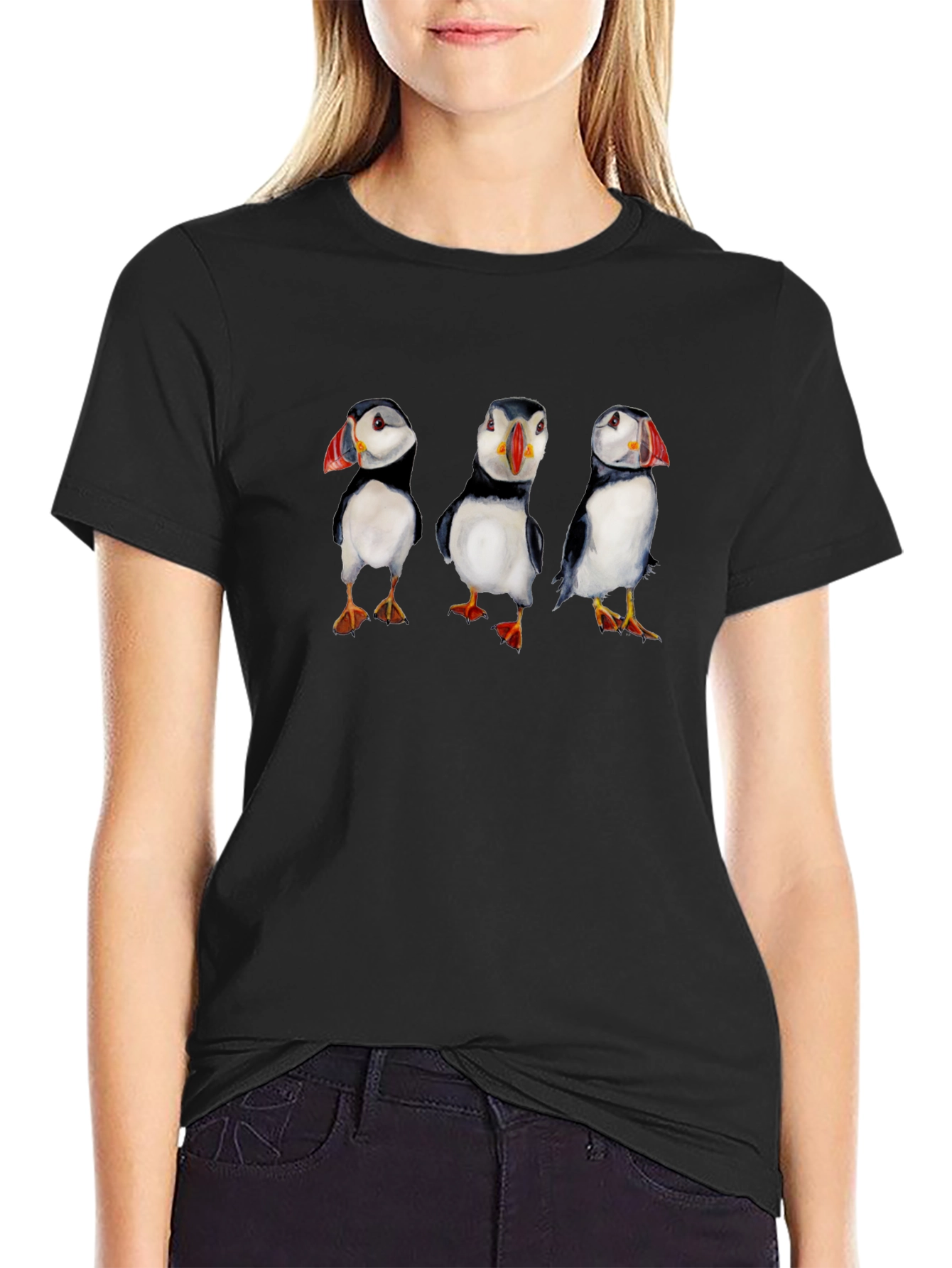 Puffin Print Black T-Shirt