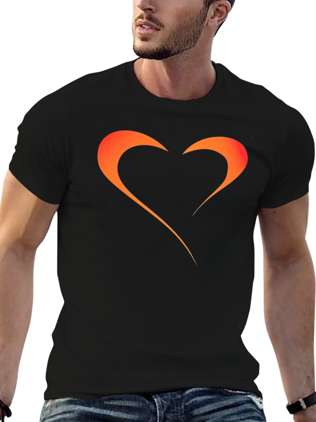 Mens Black T-Shirt with Orange Heart Graphic