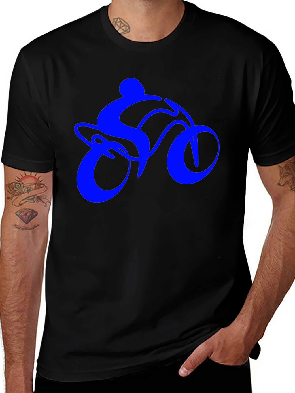Mens Black T-Shirt with Blue Bike Rider Design