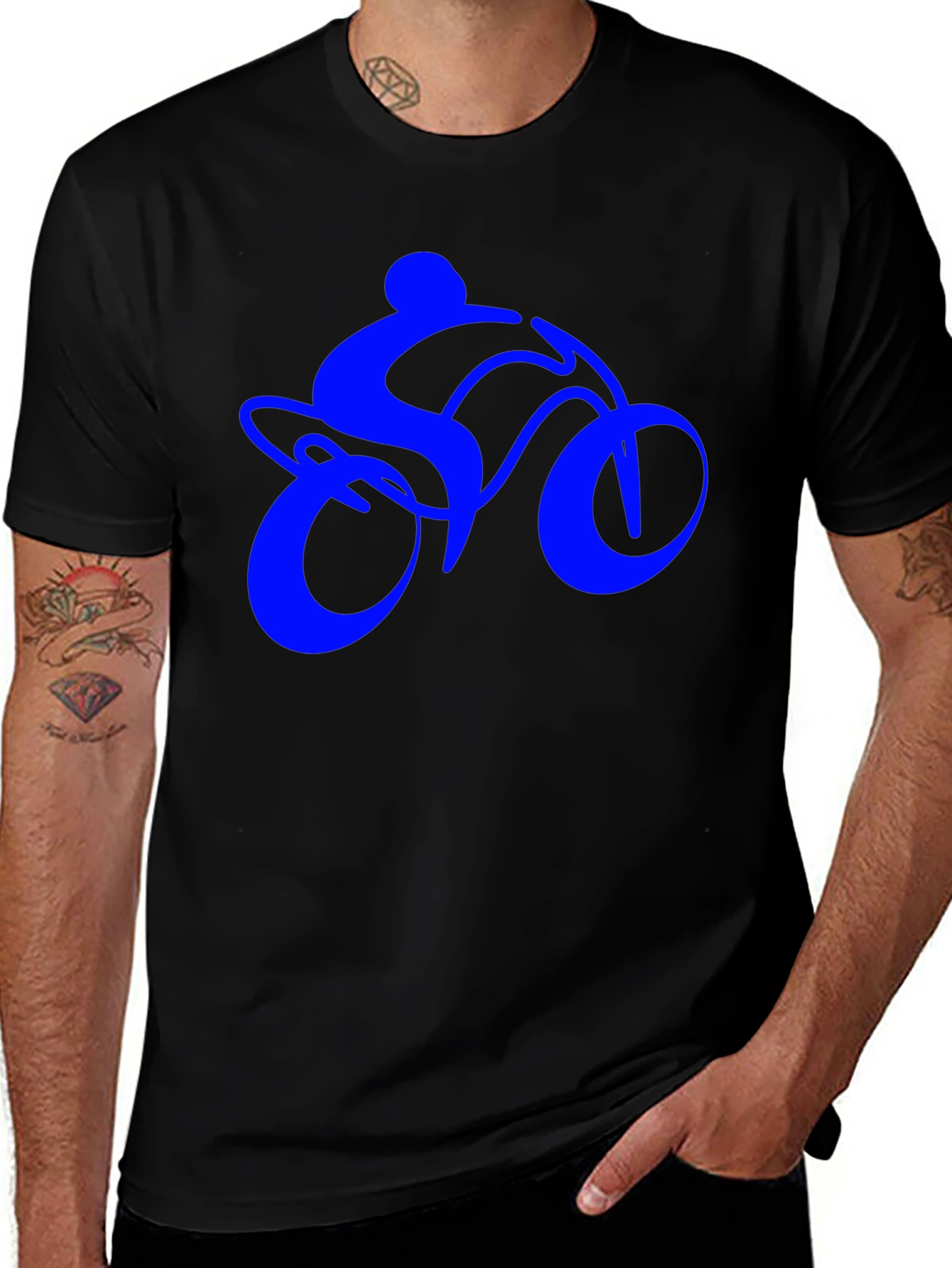 Mens Black T-Shirt with Blue Bike Rider Design