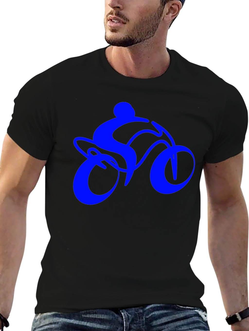 Mens Black T-Shirt with Blue Bike Rider Design