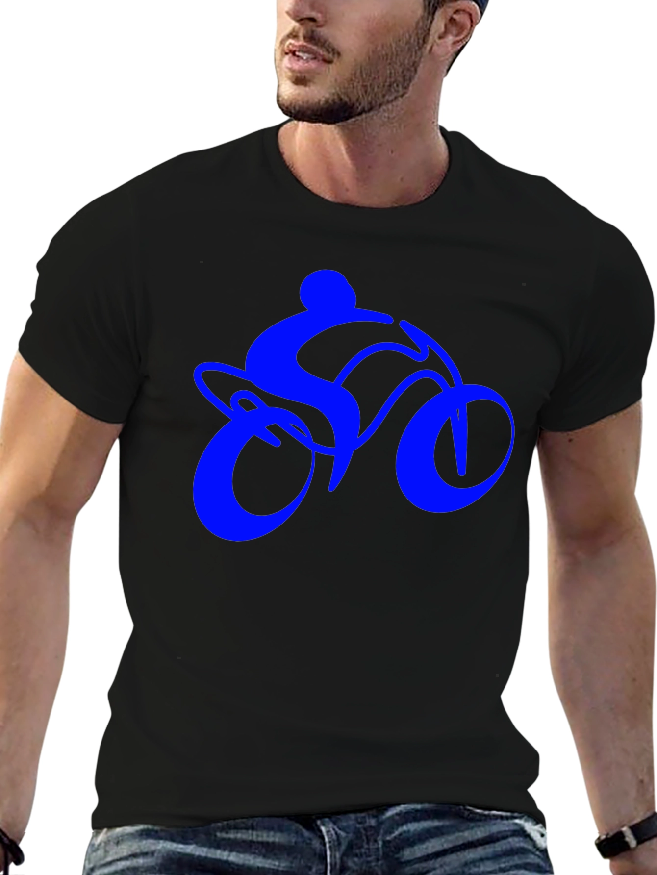 Mens Black T-Shirt with Blue Bike Rider Design