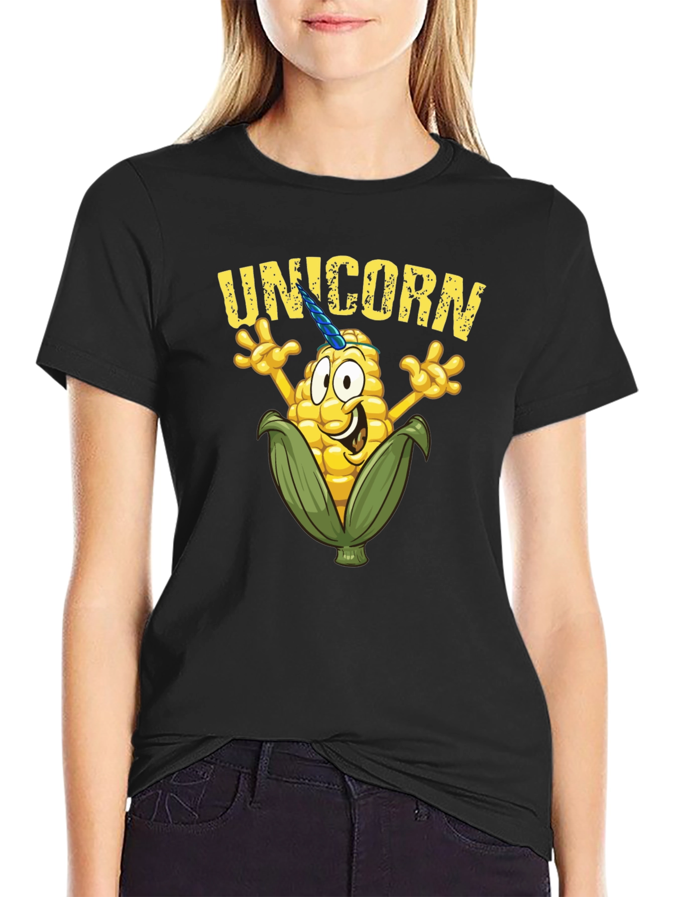 Unicorn Corn Graphic Tee - Black Cotton T-Shirt