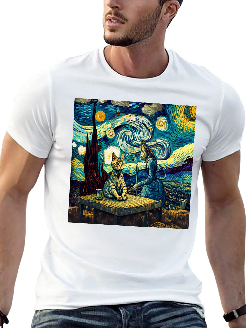 Starry Night Cat T-Shirt Artistic Print