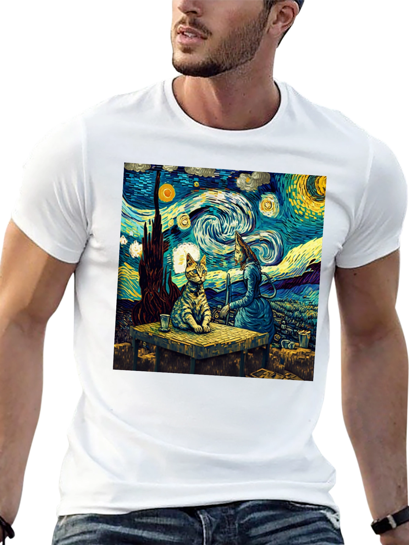 Starry Night Cat T-Shirt Artistic Print