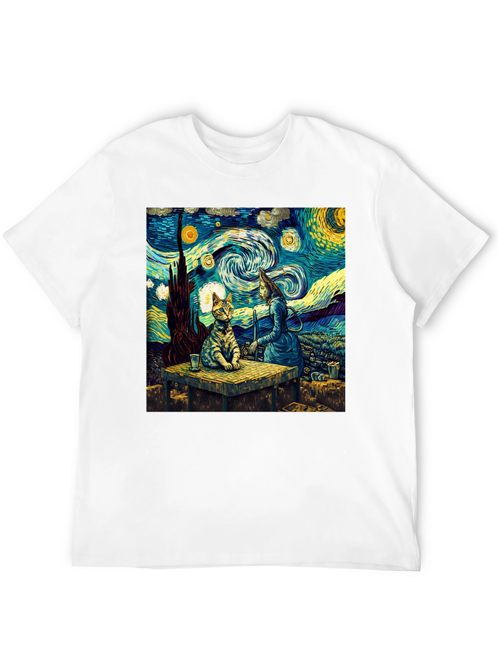 Starry Night Cat T-Shirt Artistic Print