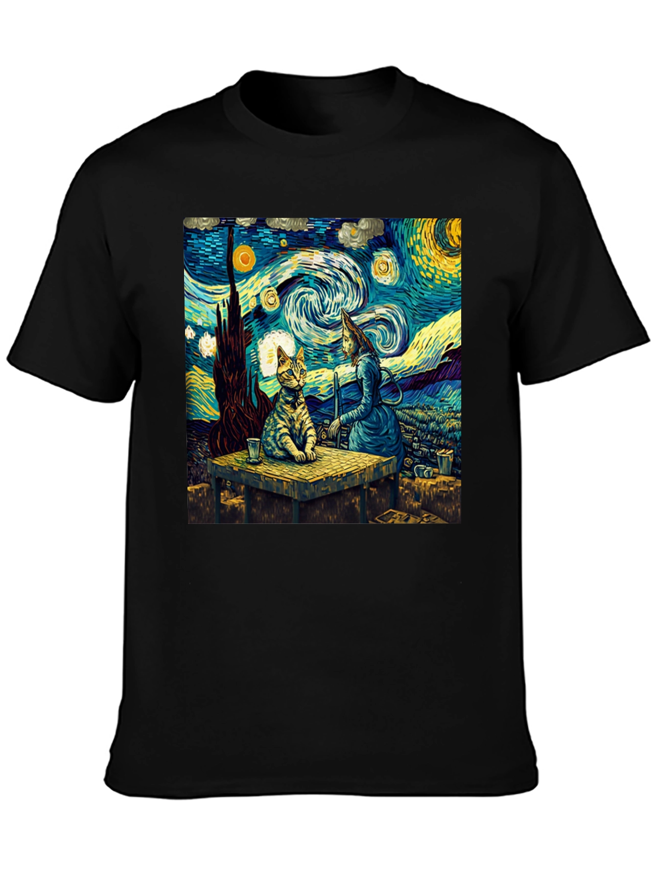 Starry Night Cat T-Shirt Artistic Print