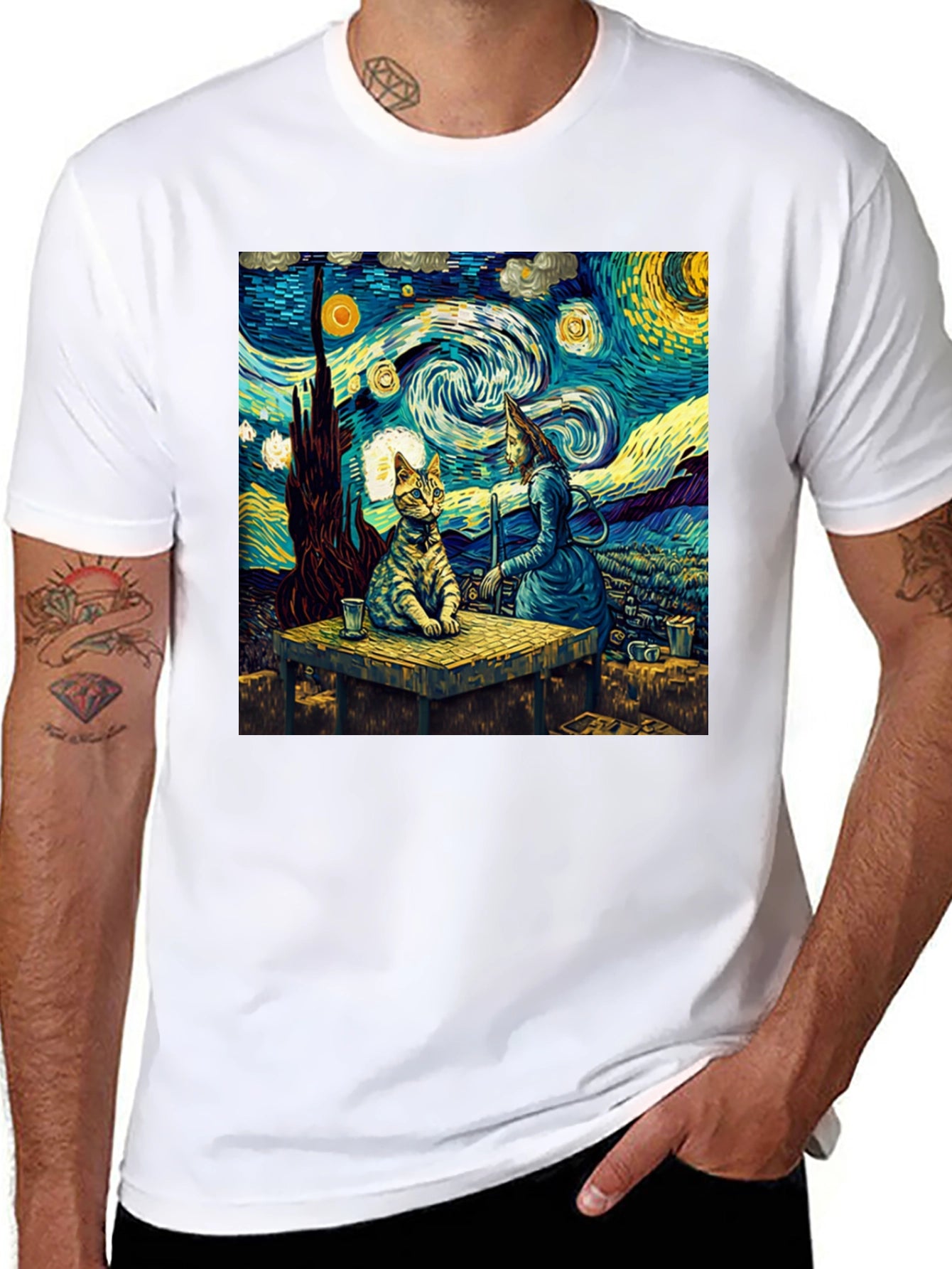 Starry Night Cat T-Shirt Artistic Print