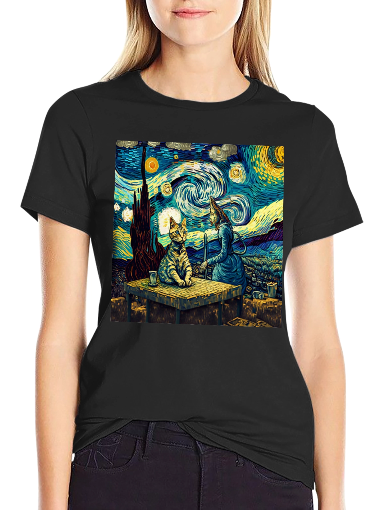 Starry Night Cat T-Shirt Artistic Print