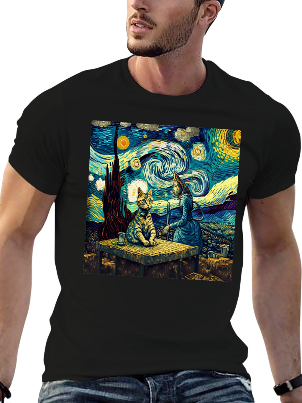 Starry Night Cat T-Shirt Artistic Print