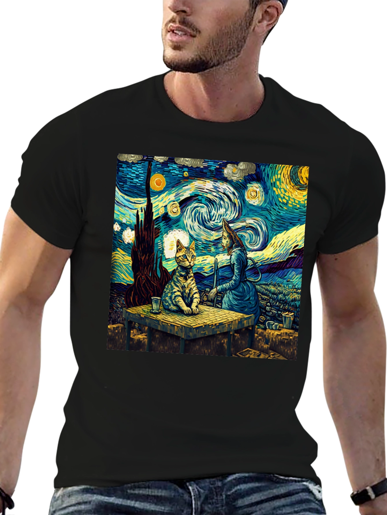 Starry Night Cat T-Shirt Artistic Print