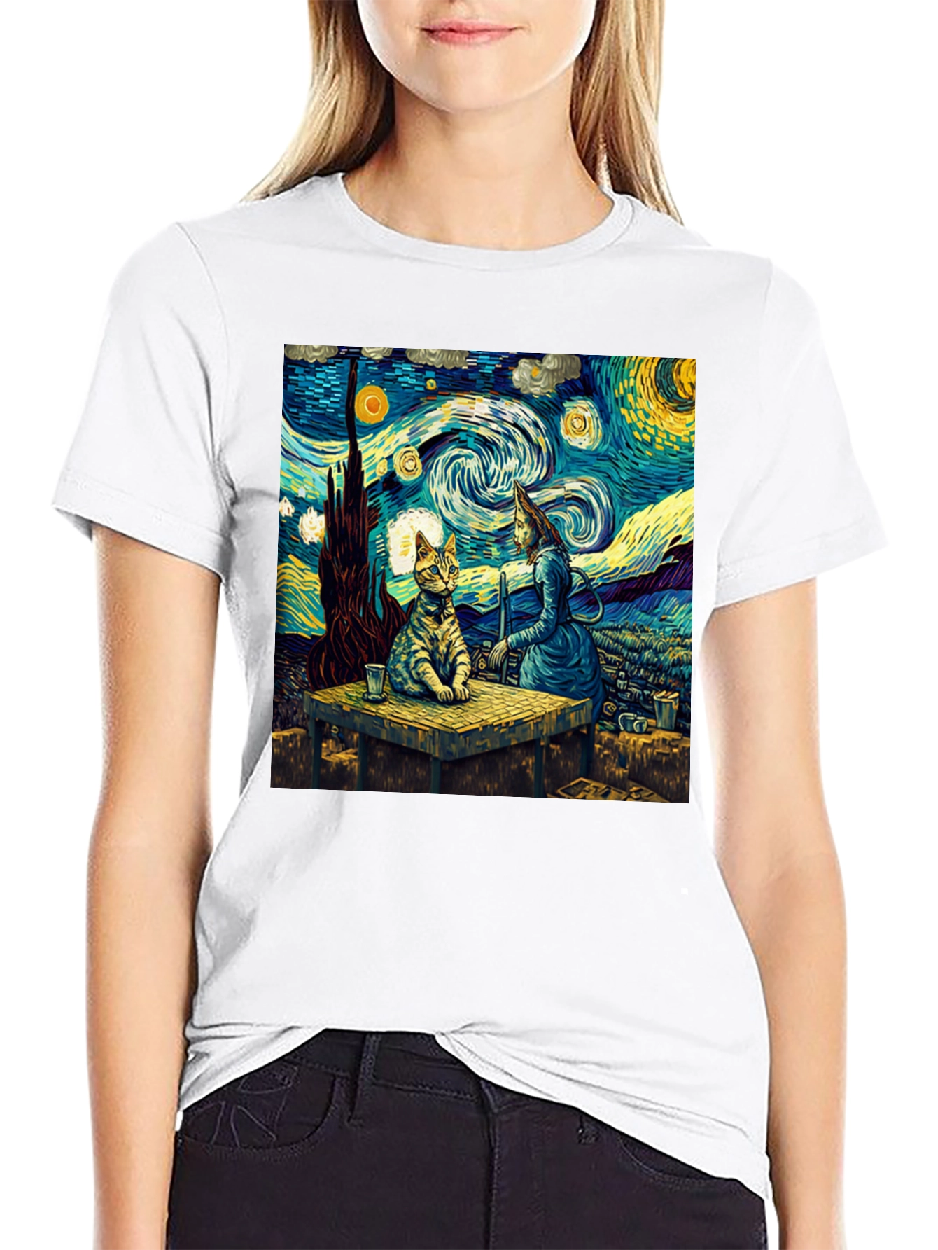 Starry Night Cat T-Shirt Artistic Print
