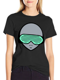 Retro Alien Graphic Tee - Black Cotton T-Shirt