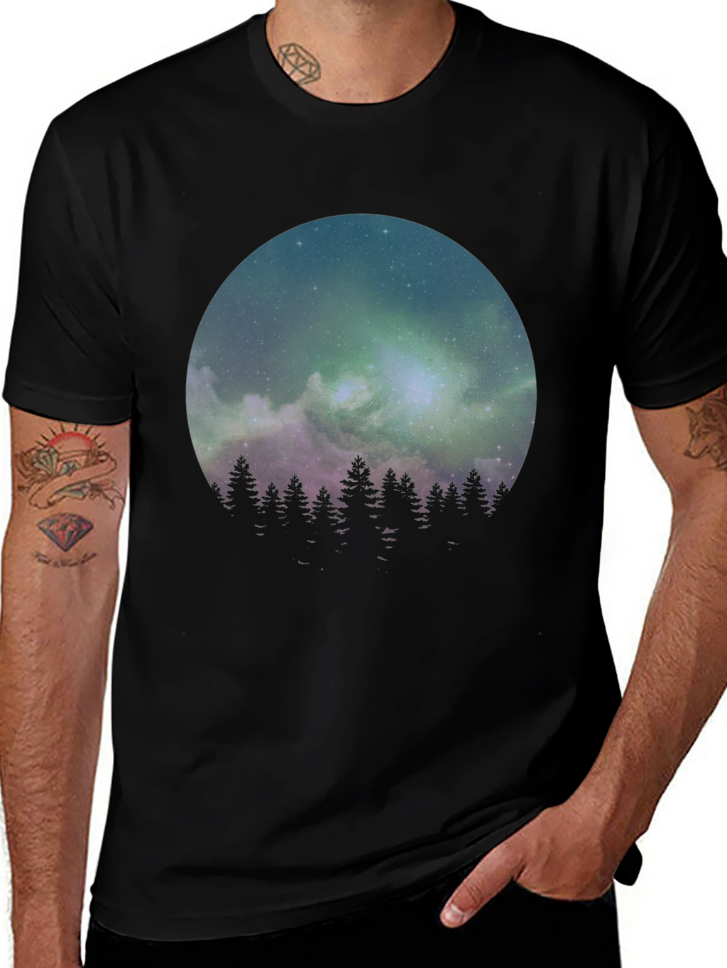 Northern Lights Forest Graphic Tee - Black